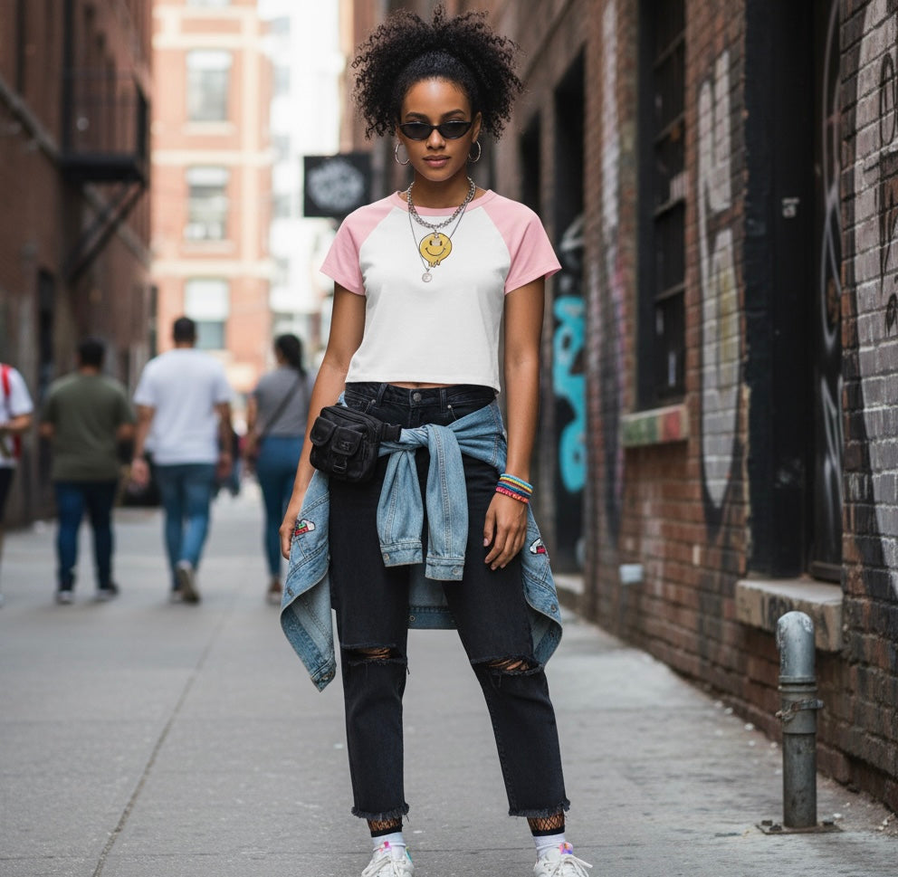 Women's Melting Smiley Baby Tee - Pink Raglan Psychedelic Top