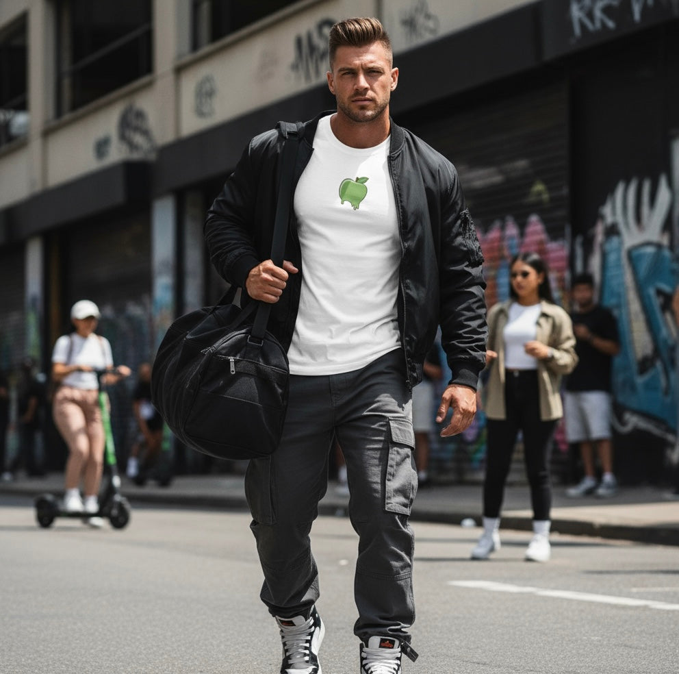 Classic melt apple logo tee Men's white trendy skater shirt.