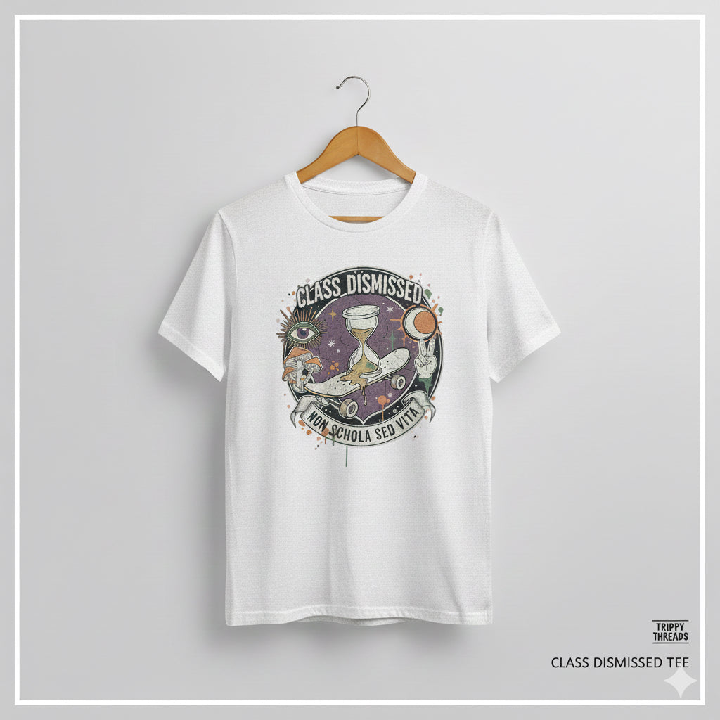 Trippy Threads "Class Dismissed" white unisex t-shirt featuring a spiritual, anti-government graphic. The design includes an hourglass, a melting skateboard, an all-seeing eye, mushrooms, and the Latin motto, "NON SCHOLA SED VITA." Old school skater and hippy vibe clothing.