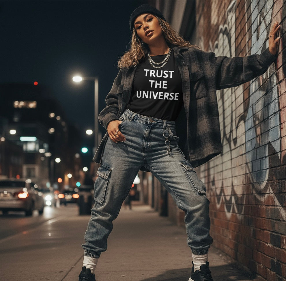 "Trust the Universe" Black Graphic Tee | Women's Fit, Anti-Narrative Vibe