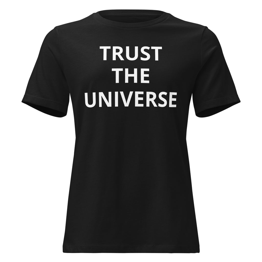 Women's hippy style, cotton t-shirt in [black] with "Trust the Universe" graphic. Fun, spiritual top for anti-government, skater-inspired style by Trippy Threads