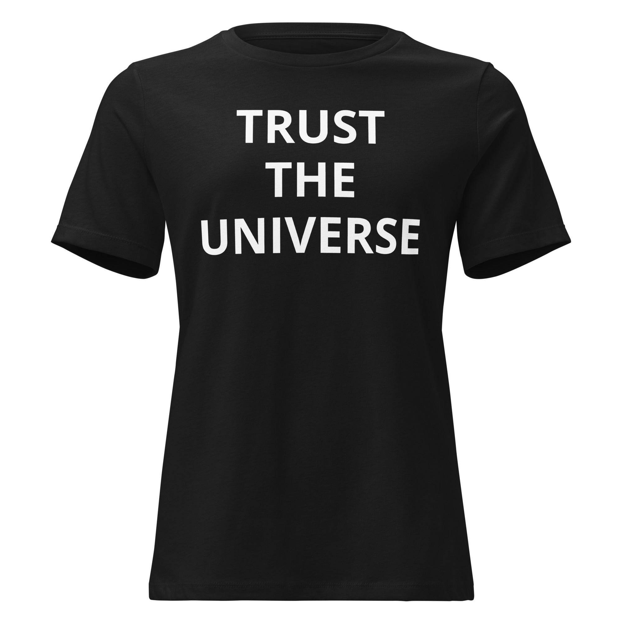 Women's hippy style, cotton t-shirt in [black] with "Trust the Universe" graphic. Fun, spiritual top for anti-government, skater-inspired style by Trippy Threads