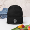 Women's black knit beanie with cauldron witchy graphic. Trendy indie streetwear, spiritual hippy, and alternative headwear.