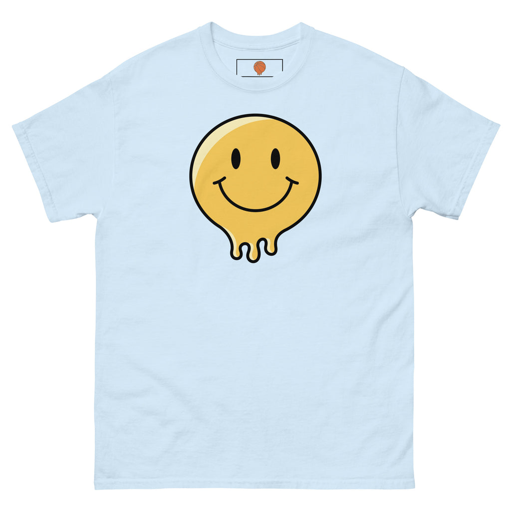 Men's flagship t-shirt with classic melting smiley graphic. Psychedelic art, spiritual hippy, and skater tee aesthetic.
