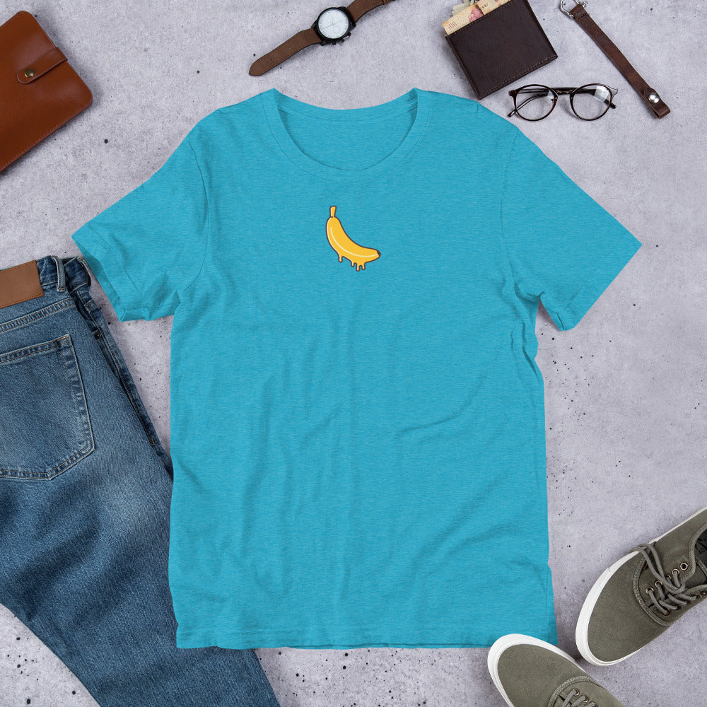 Men's vibrant blue t-shirt with melting banana abstract art graphic. Unique trippy tee, psychedelic apparel, and streetwear.