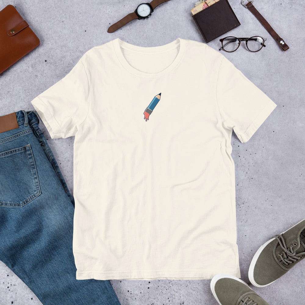 Men's white t-shirt with melting pencil graphic. Vintage abstract art and creative streetwear apparel