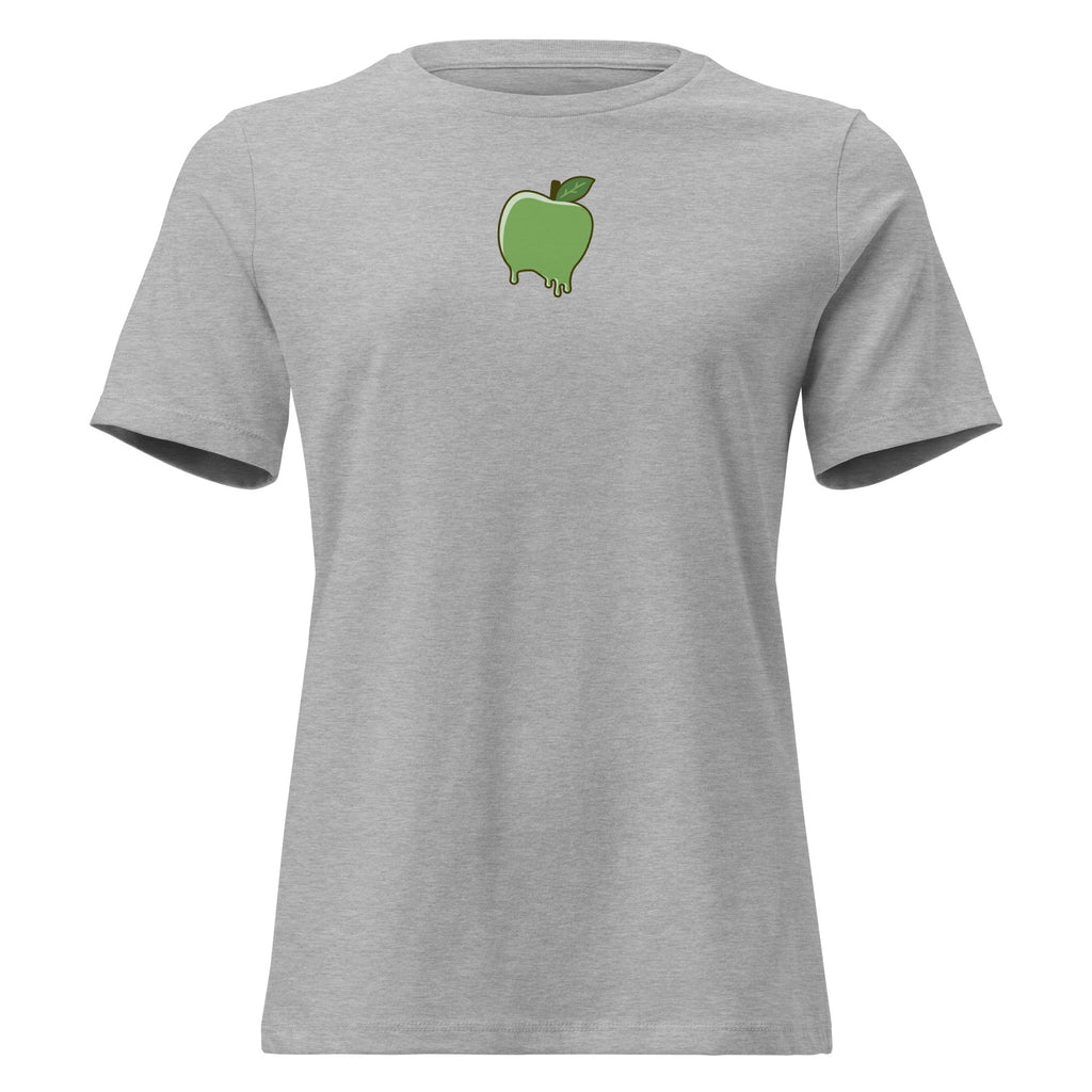 Women's grey fitted t-shirt with green melting apple "Core Corruption" logo graphic. Spiritual streetwear and anti-conformity apparel