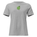 Women's grey fitted t-shirt with green melting apple "Core Corruption" logo graphic. Spiritual streetwear and anti-conformity apparel