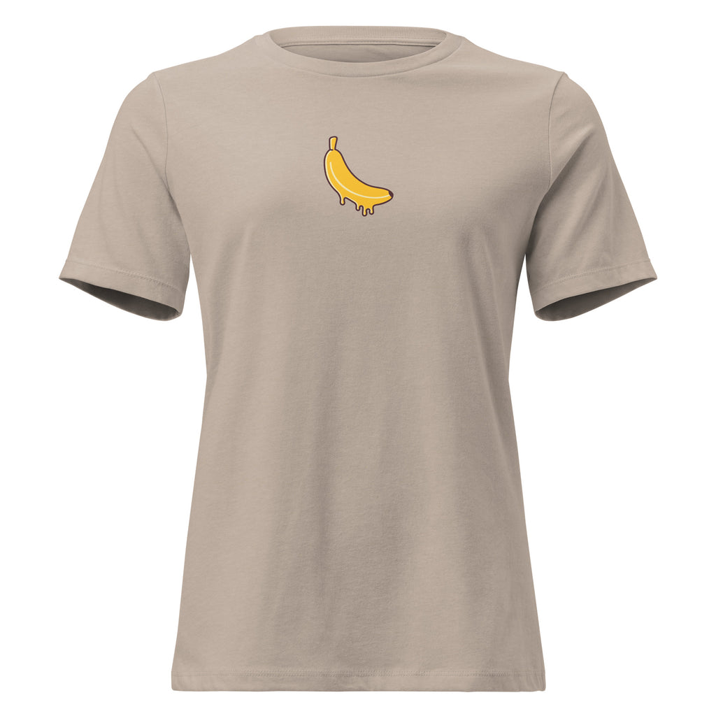 Heather stone women's fitted t-shirt with "Banana Split Reality" graphic. Psychedelic hippy apparel for spiritual streetwear.