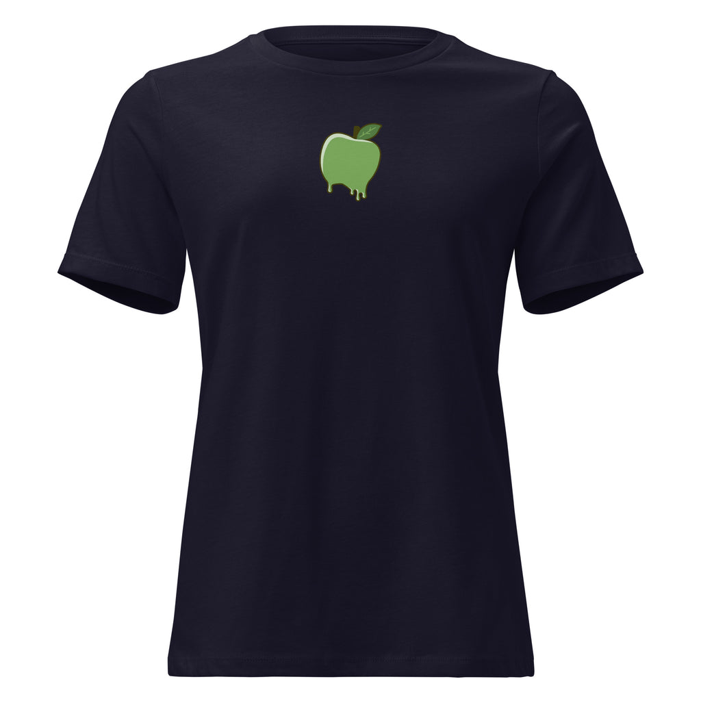 Women's black fitted t-shirt with green melting apple "Core Corruption" logo graphic. Spiritual streetwear and anti-conformity apparel