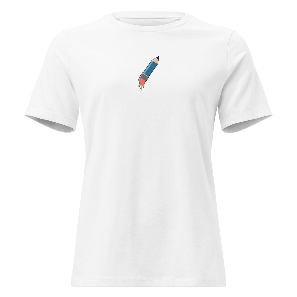 White women's fitted t-shirt with melting pencil graphic and "Pencil Pusher Meltdown" anti-government apparel text