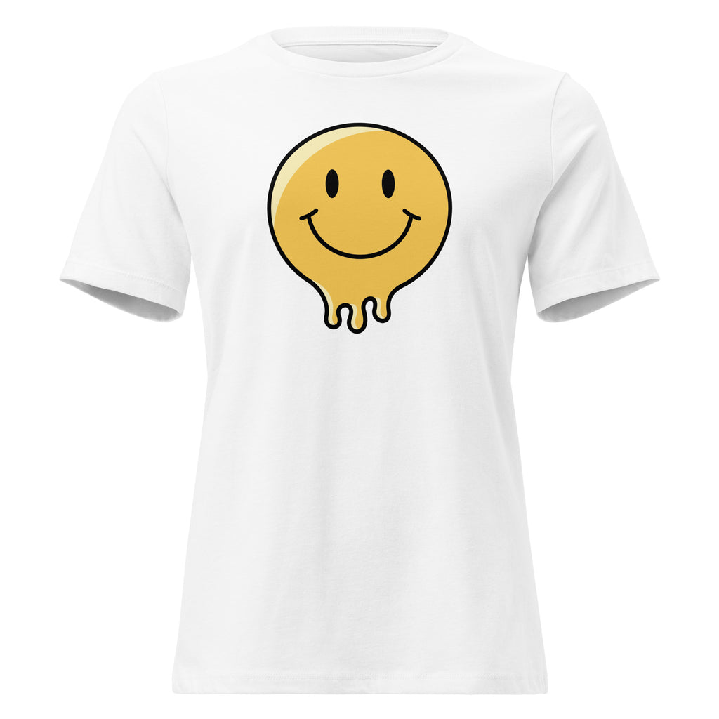 White women's fitted t-shirt with classic melting smiley face graphic. True Original Melt psychedelic spiritual apparel.